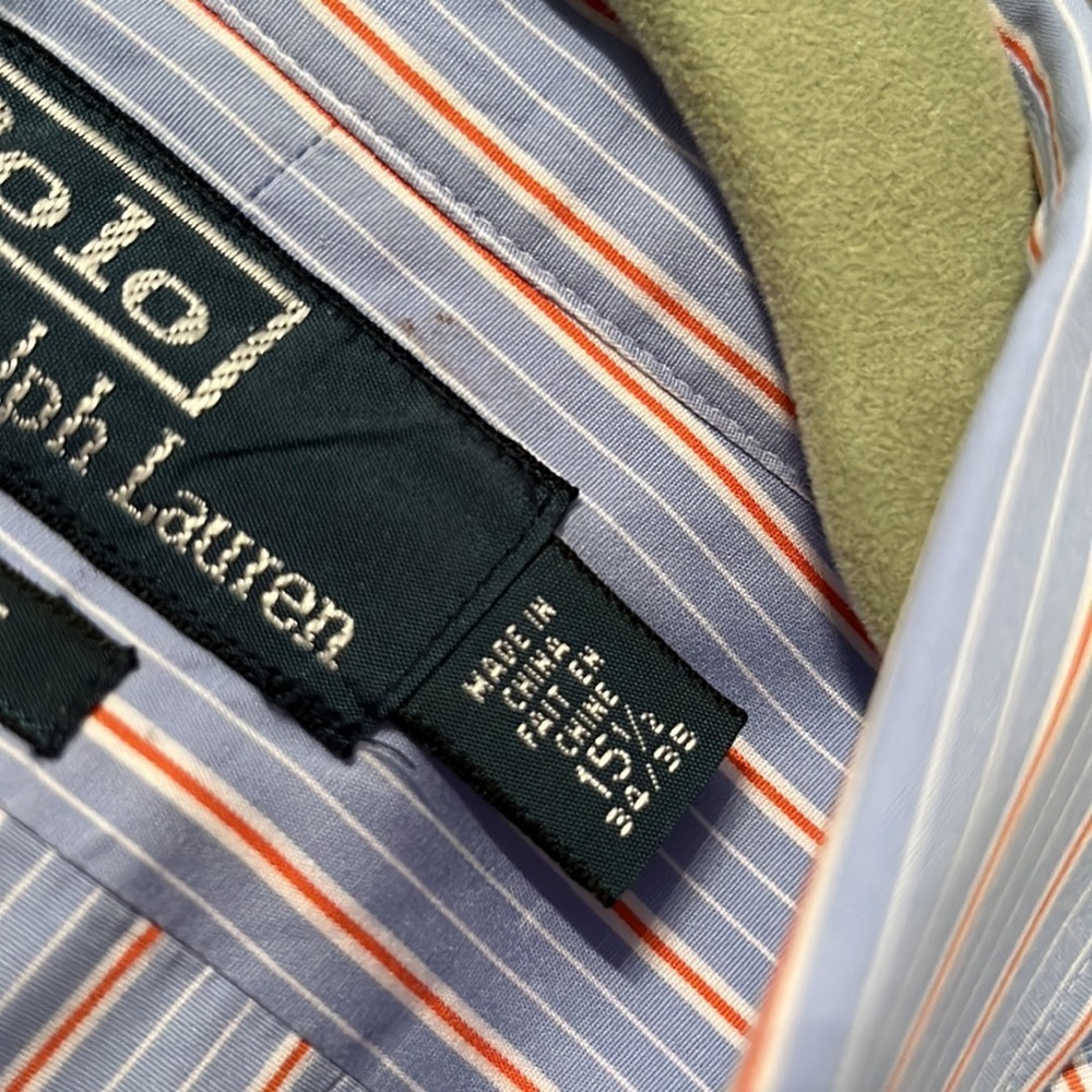 Mens polo blue orange striped button down 15.5 34/35 - Picture 3 of 3